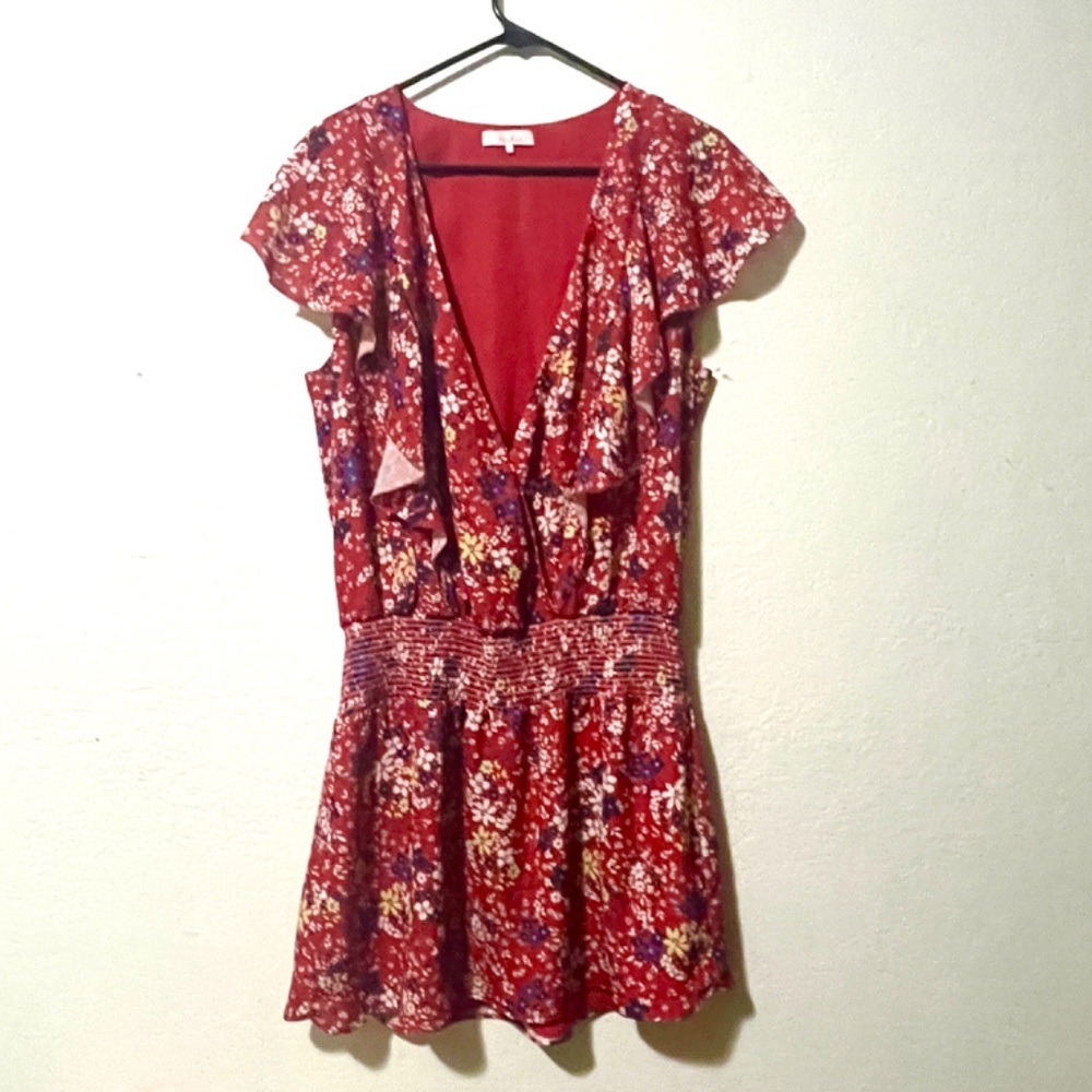 PARKER Red Scialla Ruffled Floral Smocked Waist Surplice Dress SZ L - Picture 3 of 8